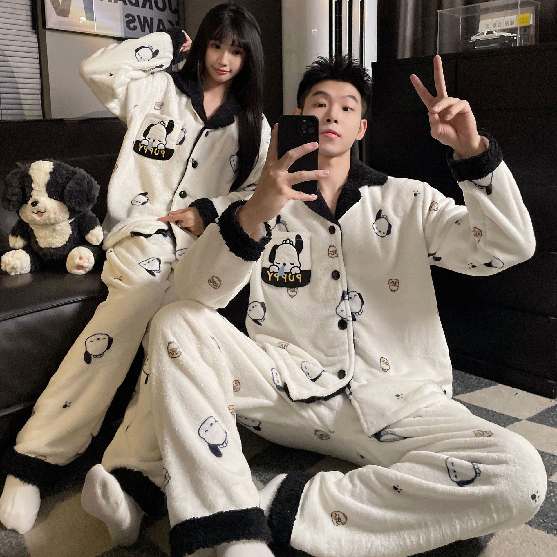 Cartoon Pacha Dog Coral Fleece Couple Pajamas Women's Winter Thickened Warm Flannel Men's Home Clothes Winter