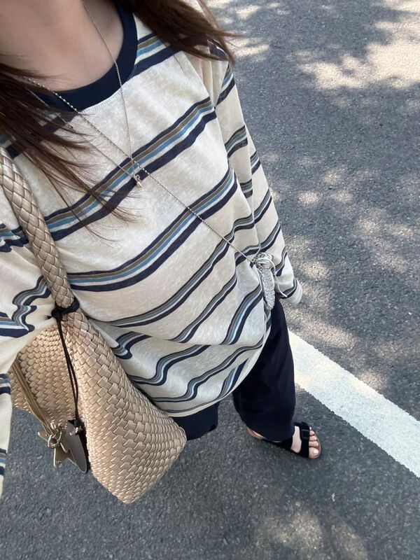 【工厂现货】复古圆领撞色长袖条纹t恤女薄宽松慵懒百搭防晒罩衫|undefined