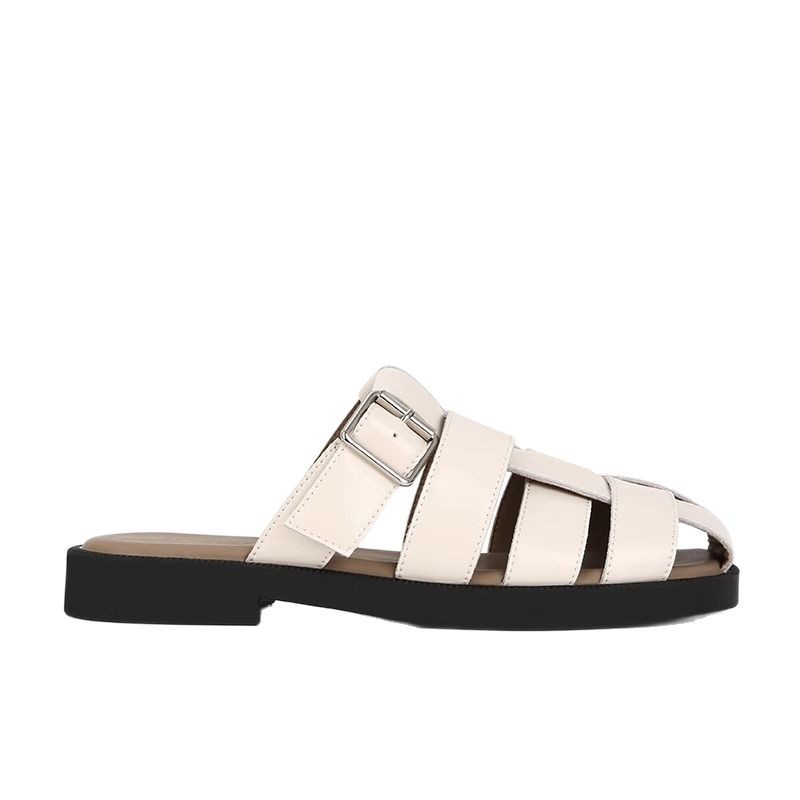 [sheii su] blanda explosión ~ cubierta de cuero real tejido hueco fondo plano sandalias romanas zapatillas de jaula de cerdo