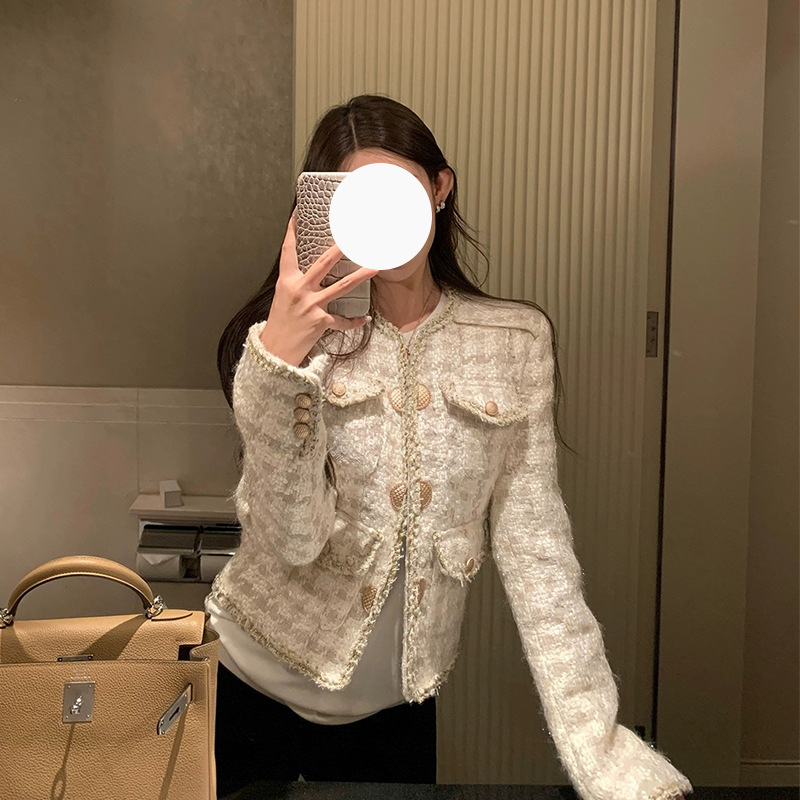 Elegant Ribbon Chanel-Style Short Jacket for Women, New Autumn Design French Slimming Tweed Top for Petite Figures