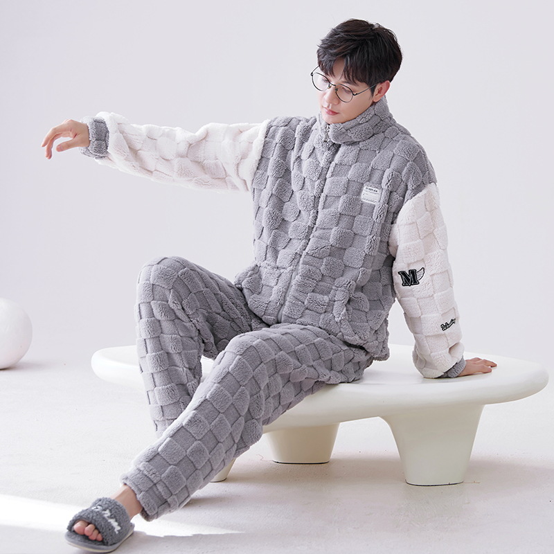 Pijamas de franela los hombres del otoño y el invierno collar soporte caliente juventud coral fleece homewear traje se puede usar fuera