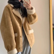 卡其色小个子韩系仿羊羔毛外套秋冬季新款女装厚实保暖皮毛一体棉