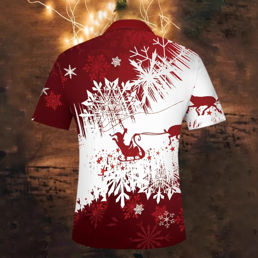2025 Navidad alce graffiti impresión 3D moda callejera para hombres todo fósforo cremallera suelta camisa POLO de manga corta