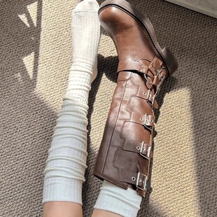 Spring and Autumn New Thick Over-The-Knee Socks, Vertical Striped Solid Color High Tube Socks, Japanese Style Non-Slip Calf Socks, Double Needle Long Tube Socks for Women