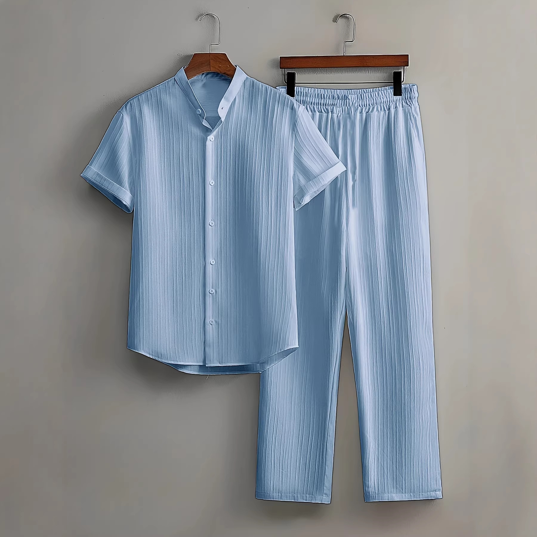 Lässiges Herren-Strandhemd-Set in Unifarben, Kurzarm-Baumwollmischung, knitterfreie Hose, mehrfarbiges Bambusgewebe_voghion.com