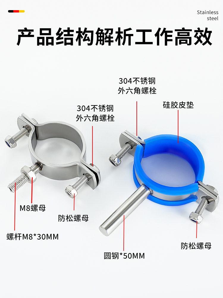 Soporte de tubo plano de mango redondo sólido grueso, placa plana de acero inoxidable 304 con abrazadera de tubo de tornillo, abrazadera, abrazadera