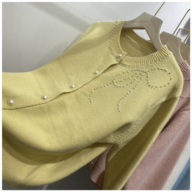 Women's Clothing Chic Embellished Bow Knit Cardigan For Women - Autumn Casual Long Sleeve Open Front Sweater (Blue, Yellow, Gray, Beige, Pink)​_voghion.com