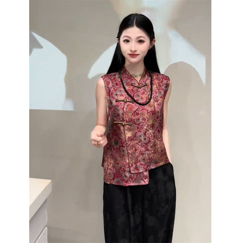 中国風の女性用ベスト 2025 夏の新しいレトロなカラーノースリーブスタンドカラー年齢を軽減する気質のハイエンドトップ|undefined