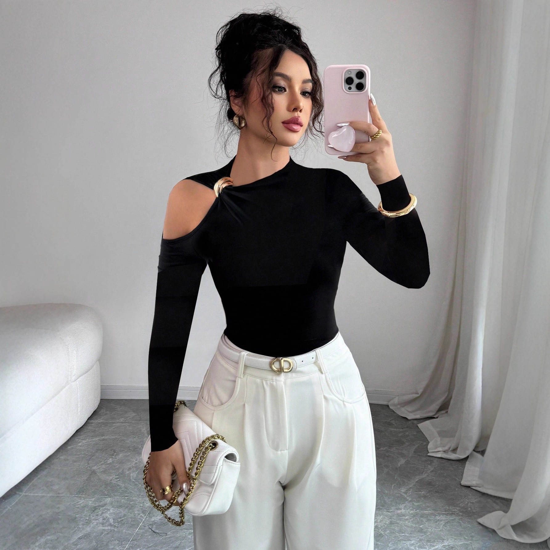 European and American Cross-Border 2025 Autumn and Winter New Style Asymmetrical Collar Single Side Off-Shoulder Metal Decoration Slimming Look Top