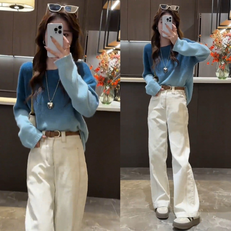 Autumn 2024 Autumn New Gradient Knitted Long Sleeve Sweater Fashion Casual Leg Long Straight Jeans