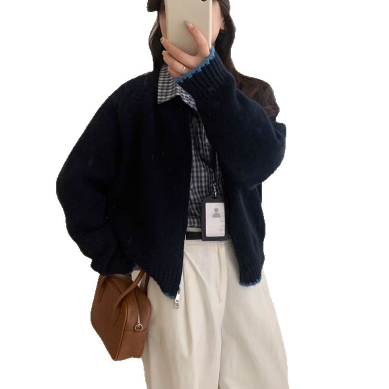韩系圆领拉链毛衣外套女宽松2025秋冬季季新款撞色边针织开衫外穿|undefined