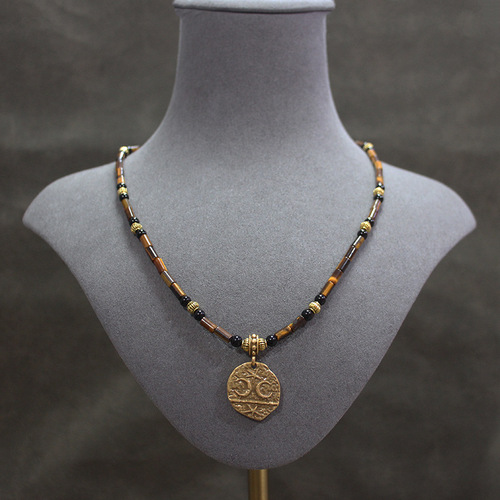 Natural Tiger Eye Necklace, Vintage Plated 24K Gold Agate Earrings and Necklace Set, Bohemian Retro Handmade Bead