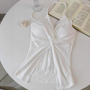 White Halterneck Camisole Women's Summer Lace Sexy Sexy Short Design Outer Top with Breast Pads