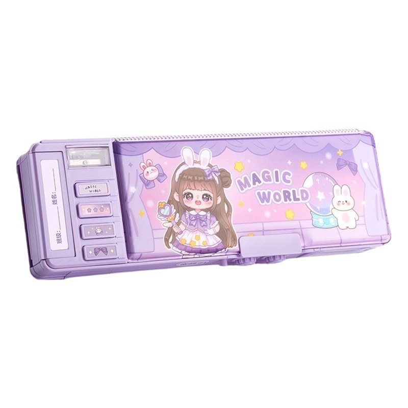 Caja de papelería multifuncional caja de pluma de bloqueo de contraseña de niña niños de escuela primaria doble caja de lápiz de órgano de gran capacidad