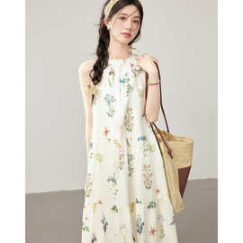 莫奈花园油画感印花挂脖无袖连衣裙女夏季甜美碎花裙子海边度假裙