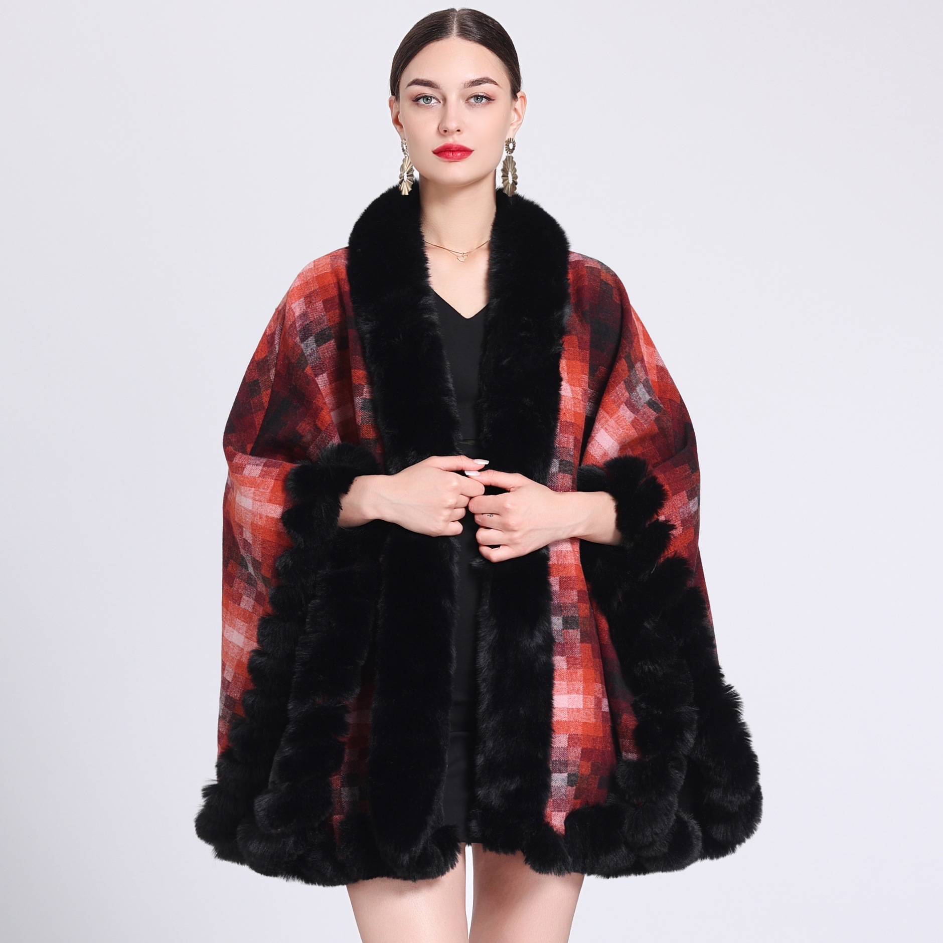 Fleece thickened plaid collar cape cape loose large size knitted cardigan coat for women_voghion.com