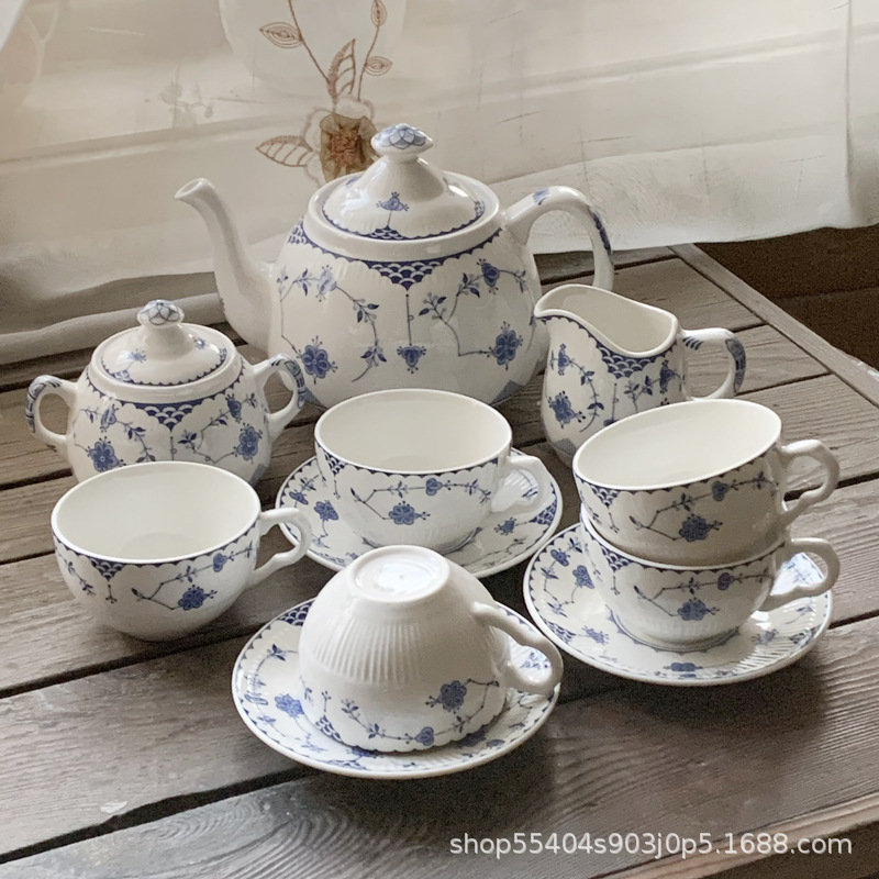 Tangcao Western Tableware Ceramic British Porcelain Steak Plate Set Blue and White Flat Plate Porcelain Milk Jug Coffee Cup Saucer Teapot