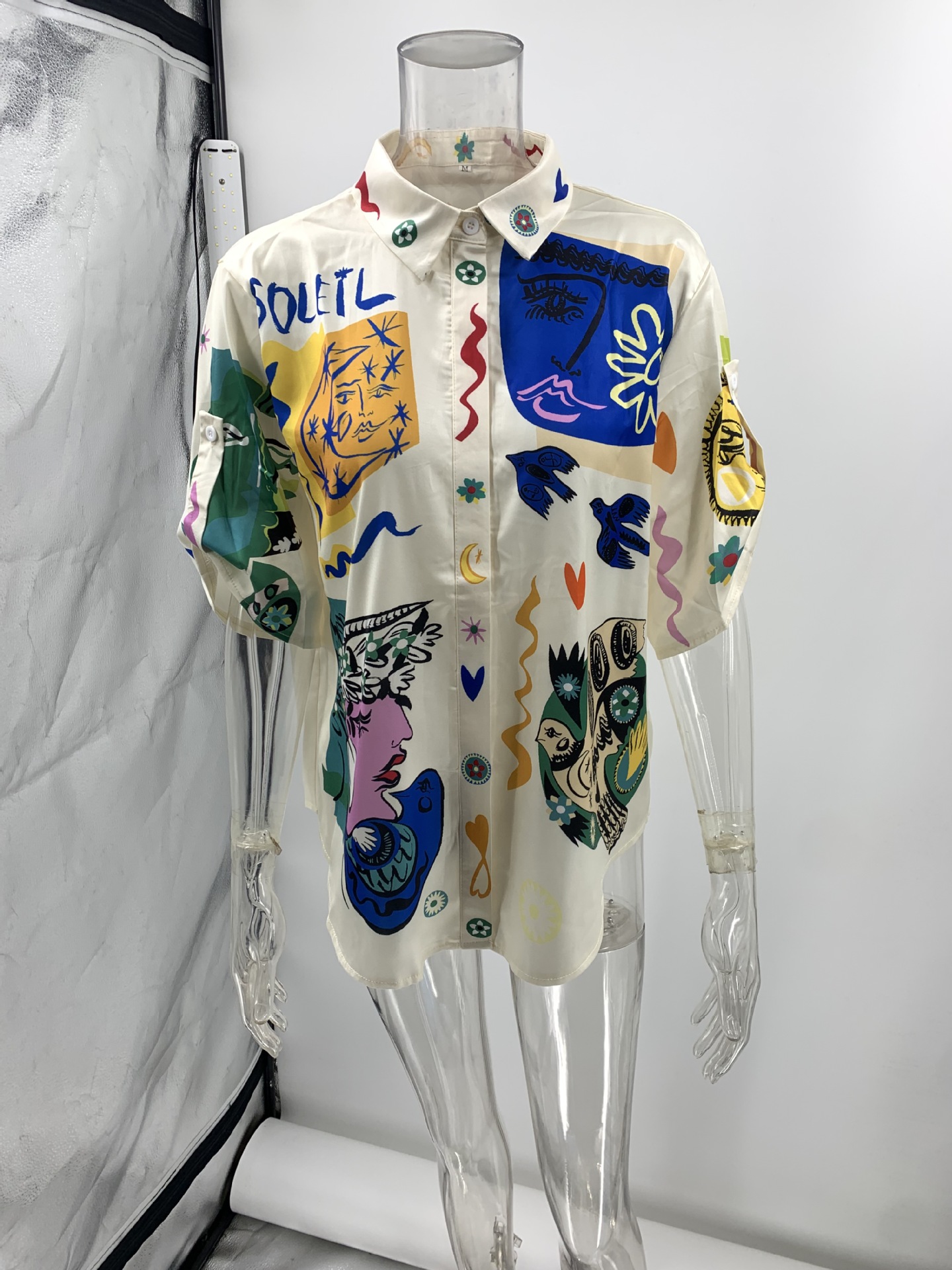Summer Graffiti Printing Satin Short Sleeve Collared Shirt Trousers Casual Two Piece Suit Amplified craft