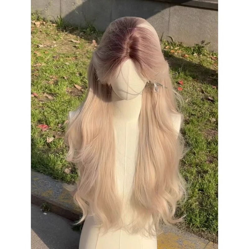 Upgraded Root Dyeing - Gothic Style Wig with Medium Parting, Small Lace Bangs, Curly Hair, Female Lolita Face-Shaping Full Headgear