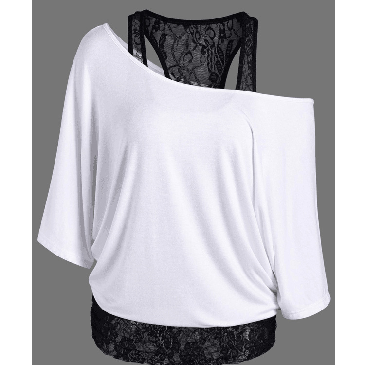 European and American plus size Women's 2025 Summer Women's T-shirt Lace Vest Oblique Collar Bat Sleeve Top