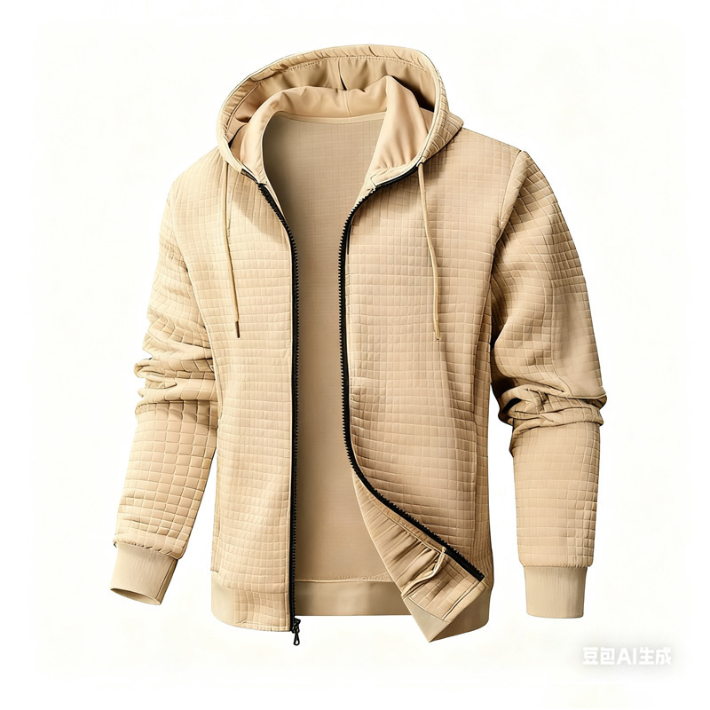 2025 Cross-Border European and American Men's Lightweight Hooded Sweatshirt Full Zipper Waffle Sweatshirt Casual Jacket Jacket