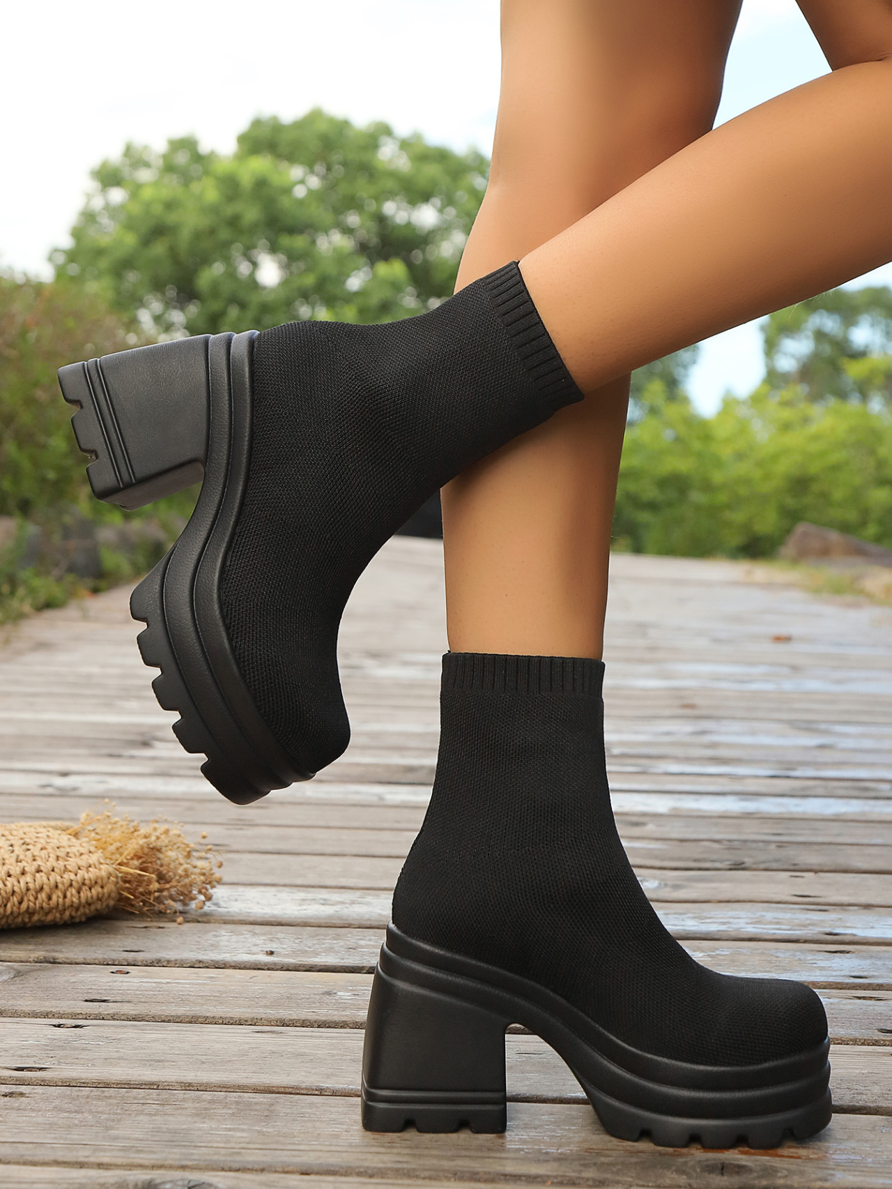 Large size large size short boots new square head waterproof platform high heels fashion thick soled elastic boots_voghion.com