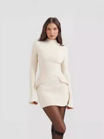 Autumn fashion: Sexy, chic sheath skirt with elegant, knitted, figure-flattering design—featuring long sleeves and a sleek zipper detail for women's wear.