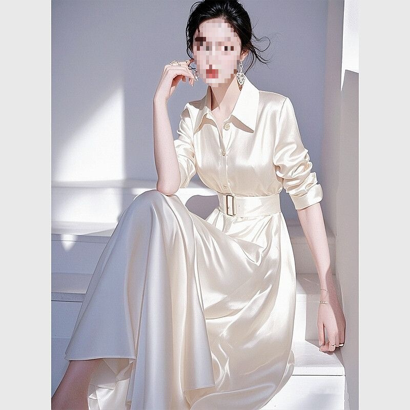 Chanel-Style Waist-Cinching White Satin Shirt Dress for Women, 2026 Early Spring New French Professional Long Dress Chanel-Style Waist-Cinching White Satin Shirt Dress for Women, 2026 Early Spring New French Professional Long Dress