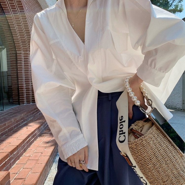 Mrs. Bai Tao Dream Money Xueli Women's Clothing Salty or Sweet V Neck Loose Spring and Summer New Long-Sleeved Shirt