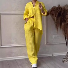 2024欧美跨境_独立站亚马逊休闲棉麻纯色衬衫抽绳阔腿裤套装白色