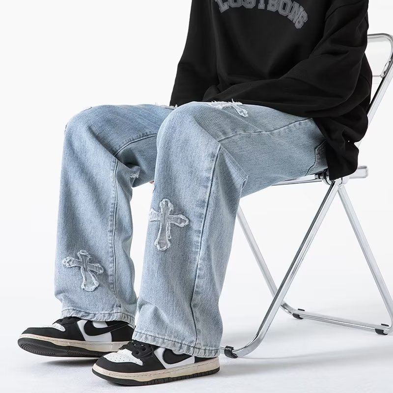 크로스 청바지 남성 봄과 가을 미국 복고풍 패션 브랜드 느슨한 스트레이트 팬츠 패션 캐주얼 와이드 레그 팬츠