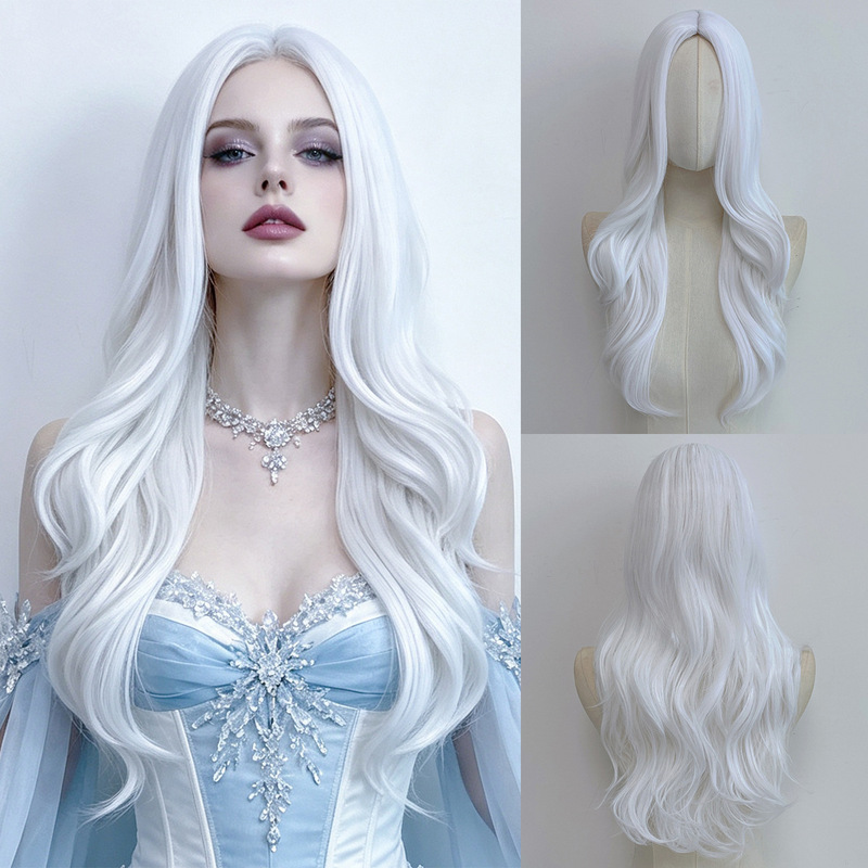 Halloween cross-border ice queen costume cosplay high-temperature silk wavy long hair wig set wholesale