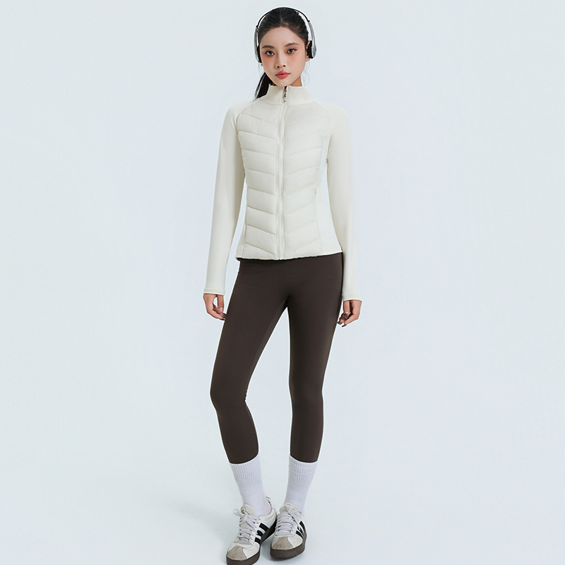 Ropa de yoga, abrigo de algodón de base deportivo, mujer otoño-invierno 2025, nuevo cuello vertical, ligero y delgado con revestimiento interior caliente.