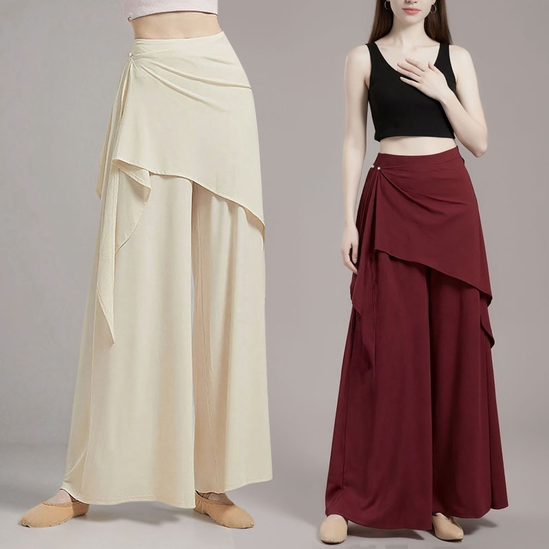 Dance Wide-Leg Pants with Faux Skirt, Classical Dance Pants with Drape Effect, Chinese Dance Practice Wear, Long Pants for Women