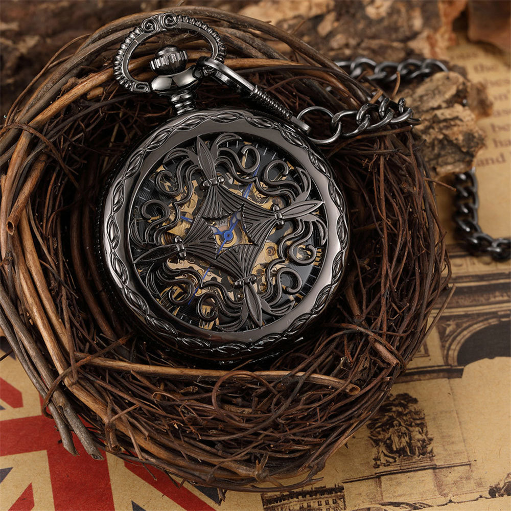 Factory direct retro elegant carved hollow pattern semi-automatic mechanical pocket watch men and women gift