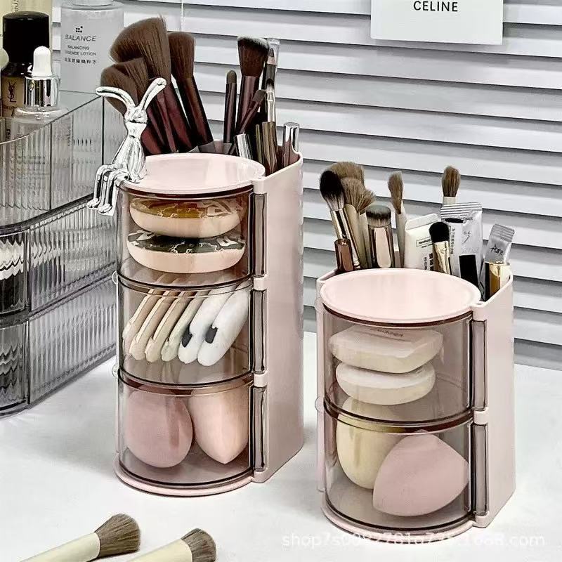 Caja de almacenamiento de polvo giratoria a prueba de polvo梳妆台 de escritorio maquillaje huevo cojín de aire lápiz labial cepillo de maquillaje estante de almacenamiento