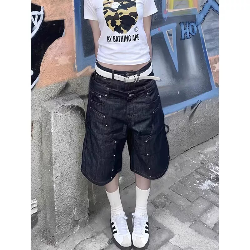 American-Style Lumberjack Double-Waist Denim Shorts for Men and Women, Summer Thin Streetwear Loose Workwear Shorts, Trendy Five-Point Shorts American-Style Lumberjack Double-Waist Denim Shorts for Men and Women, Summer Thin Streetwear Loose Workwear Shorts, Trendy Five-Point Shorts