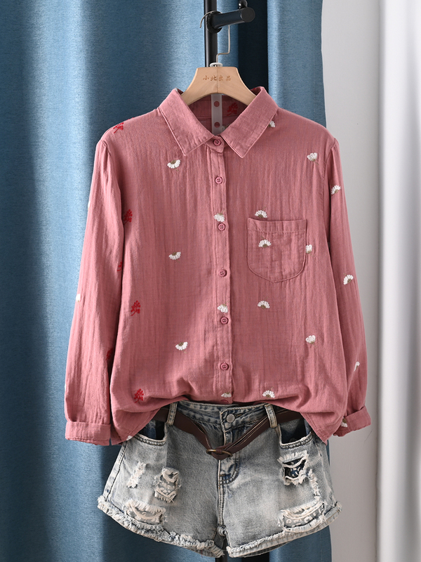Double-Layer Gauze Small Floral Embroidery Long-Sleeve Shirt, New Autumn Style, Artistic and Fresh Versatile Top for Women Double-Layer Gauze Small Floral Embroidery Long-Sleeve Shirt, New Autumn Style, Artistic and Fresh Versatile Top for Women