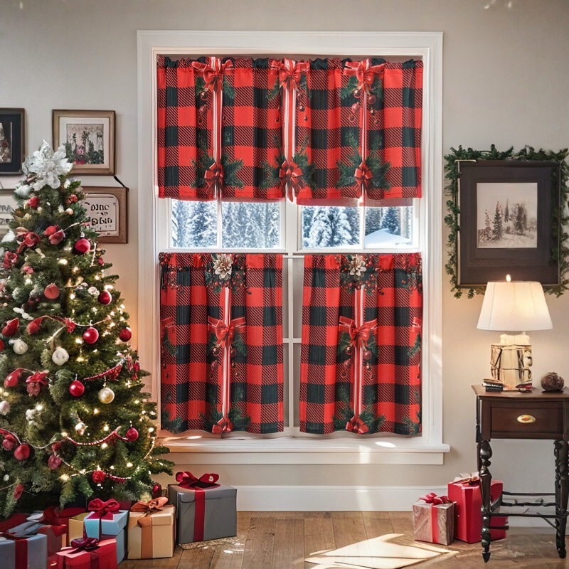 Amazon Small Curtain Three-Piece Set Christmas Theme Digital Printing Coffee Curtain Kitchen Sink Cabinet Dustproof