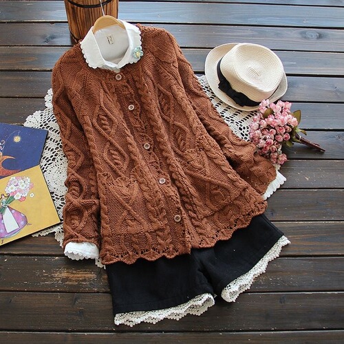 New Japanese Sen women's hollowed-out twist rimmed sweater cardigan solid color button knitted short coat for women's autumn and winter