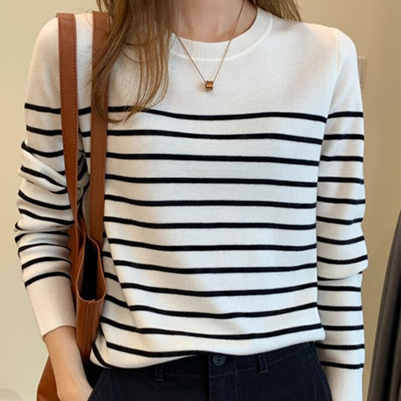Korean Style Black and White Stripesd Knitwear for Women with 2025 New Bottoming Shirt for Women Long-Sleeved Pullover Autumn and Winter Knitwear Top Korean Style Black and White Stripesd Knitwear for Women with 2025 New Bottoming Shirt for Women Long-Sleeved Pullover Autumn and Winter Knitwear Top