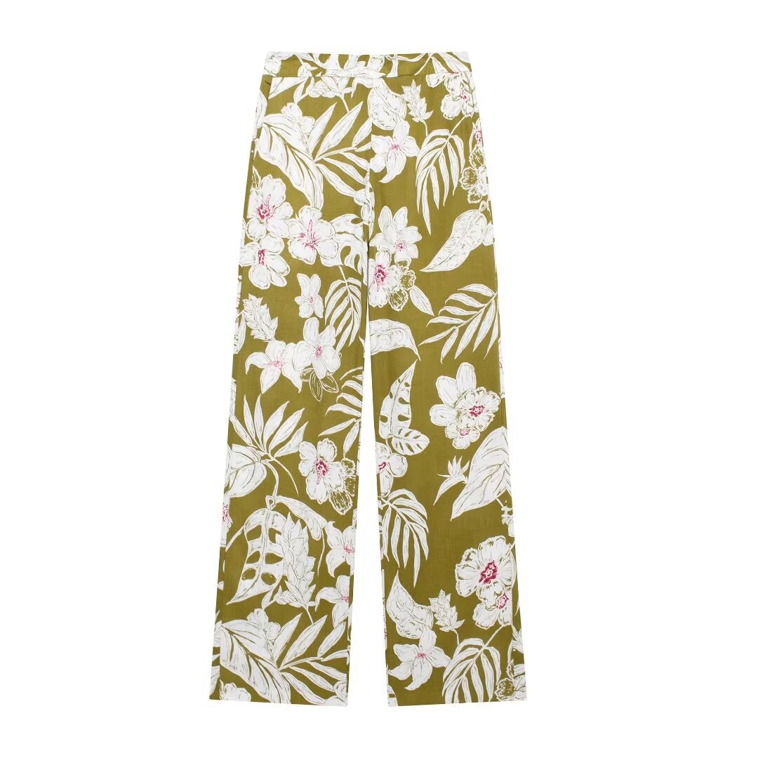 Women's linen blend flower print suit jacket pants dress set_voghion.com