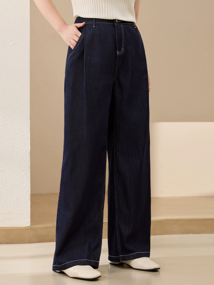Retro trousers, dark blue autumn jeans, plus size