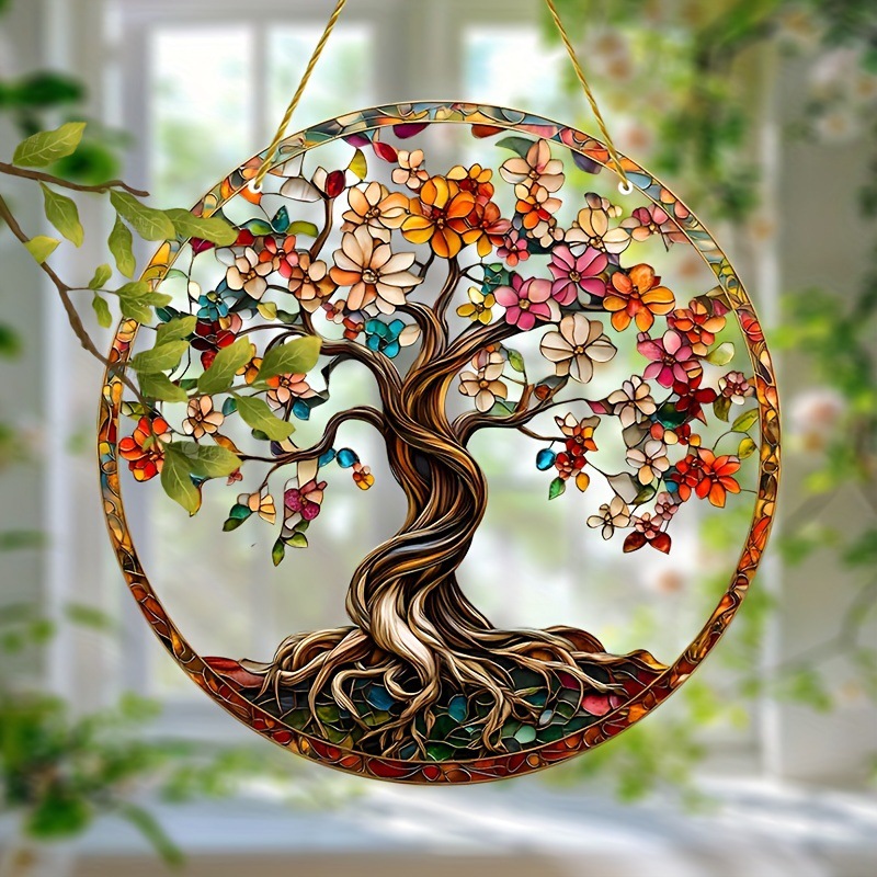 1 pieza de árbol de la vida 2D Acrílico plano jardín sol trampa, ventana de teñido colgante, hogar espiritual