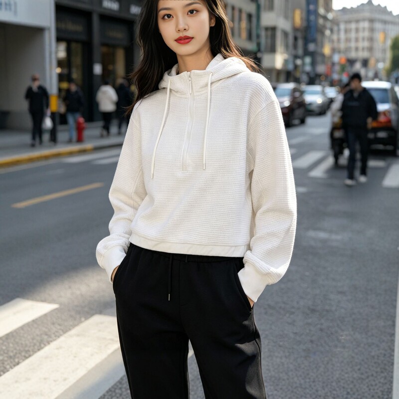 Half-zip hooded sweatshirt, waffle knit, women's 2026 new collection, loose and relaxed style, versatile casual outerwear Half-zip hooded sweatshirt, waffle knit, women's 2026 new collection, loose and relaxed style, versatile casual outerwear