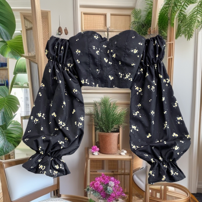 Foreign Trade Sexy One-Shoulder Puff Sleeve Tube Top Floral Shirt 2025 Autumn New Korean Style Short Chic Long-Sleeved Shirt
