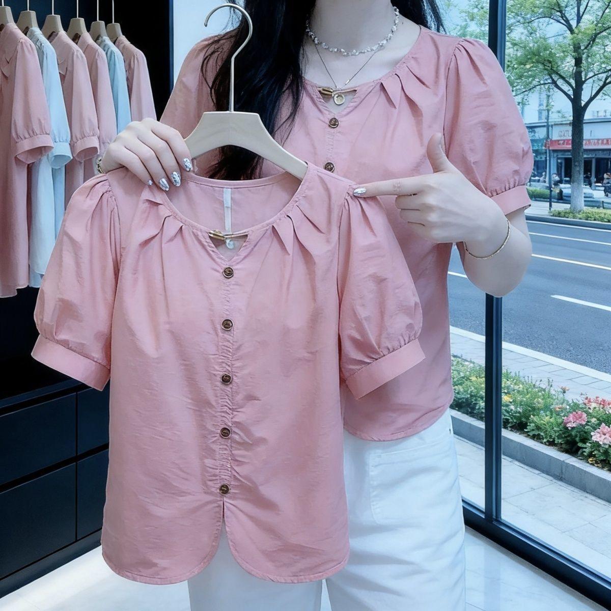 Cute fashionable elegant summer short shirt with a round collar