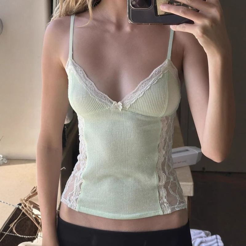 Summer Girly Dopamine Lace Splicing Small Suspender V-Neck Sexy See-Through Thin Knitted Bottoming Top