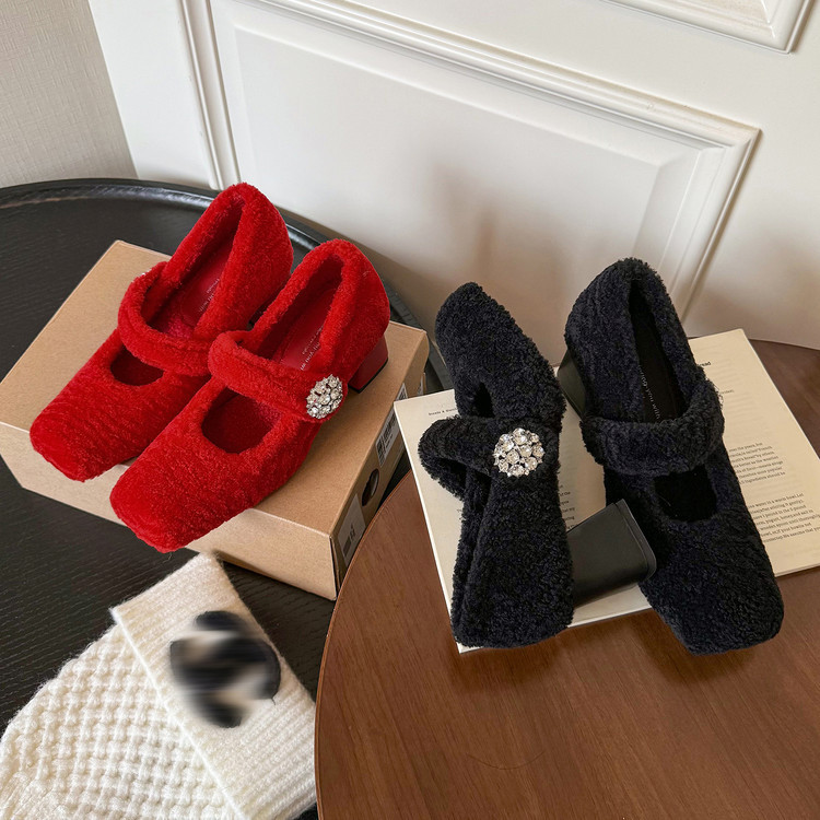 2025 Winter Large Rhinestone Christmas Red Velvet Mary Jane Shoes with Square Toe and Chunky Heels, Chanel-Style Elegant Shoes to Match with Skirts