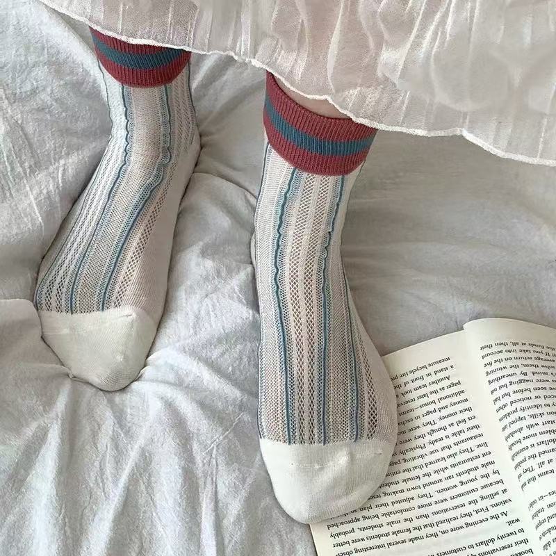 Ins Korean Dongdaemun Socks Women's Summer Thin Vertical Strip Color Matching Stripesd Mid-Calf Socks Mesh Breathable Women's Trendy Socks